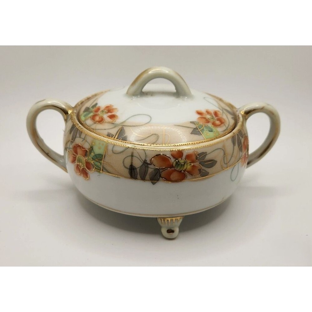 Antique Nippon Hand Painted Porcelain Sugar Bowl Lidded Footed Gold Gilt Floral
